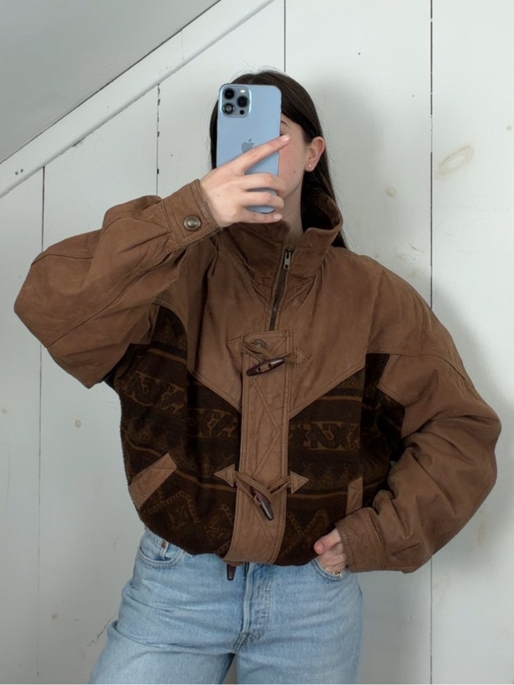 Vintage Scully Patchwork Leather Aztec Zip Toggle Closure Bomber Jacket Men’s 44